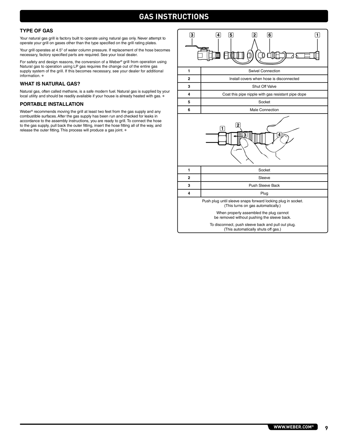 Weber 56206 manual Type of GAS, What is Natural GAS?, Portable Installation, Socket, Plug 