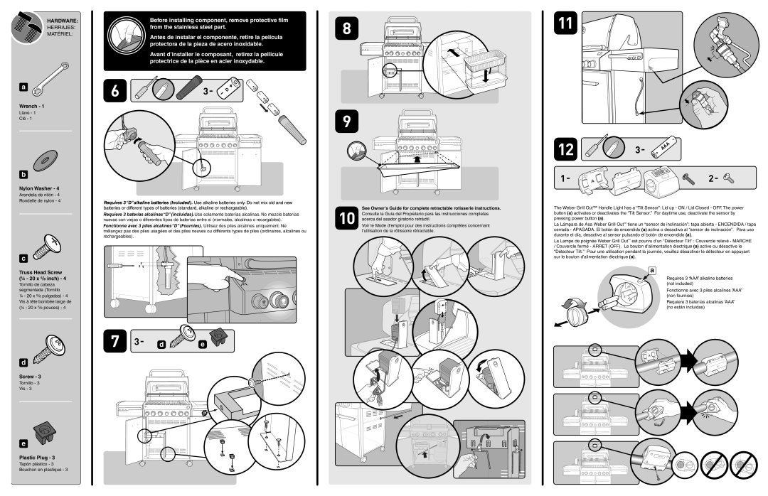 Weber 56208 manual Wrench, Nylon Washer, Truss Head Screw ¼ 20 x 5/8 inch, Plastic Plug 