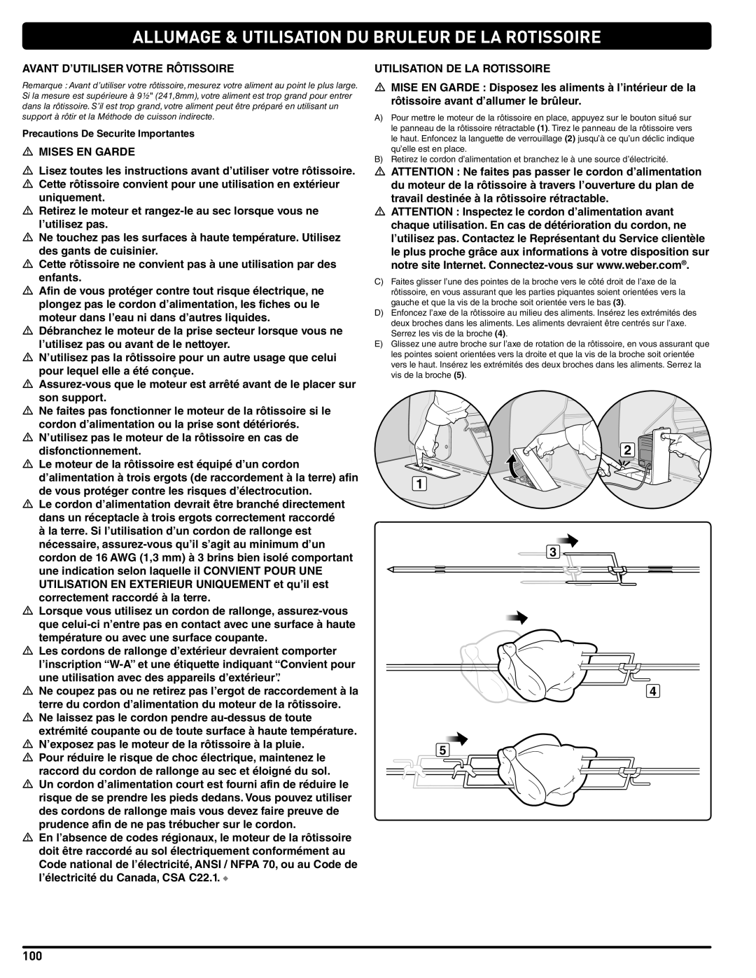 Weber 56209, E 470 Avant D’UTILISER Votre Rôtissoire, Utilisation DE LA Rotissoire, Precautions De Securite Importantes 