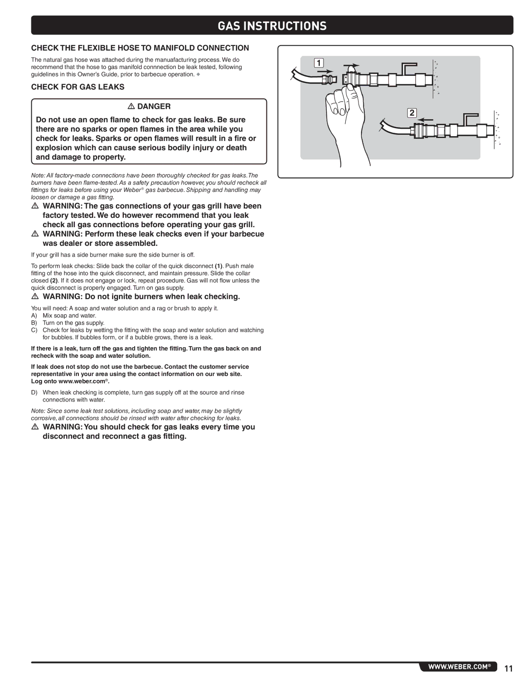 Weber E 470, 56209 manual Check the Flexible Hose to Manifold Connection, Check for GAS Leaks 