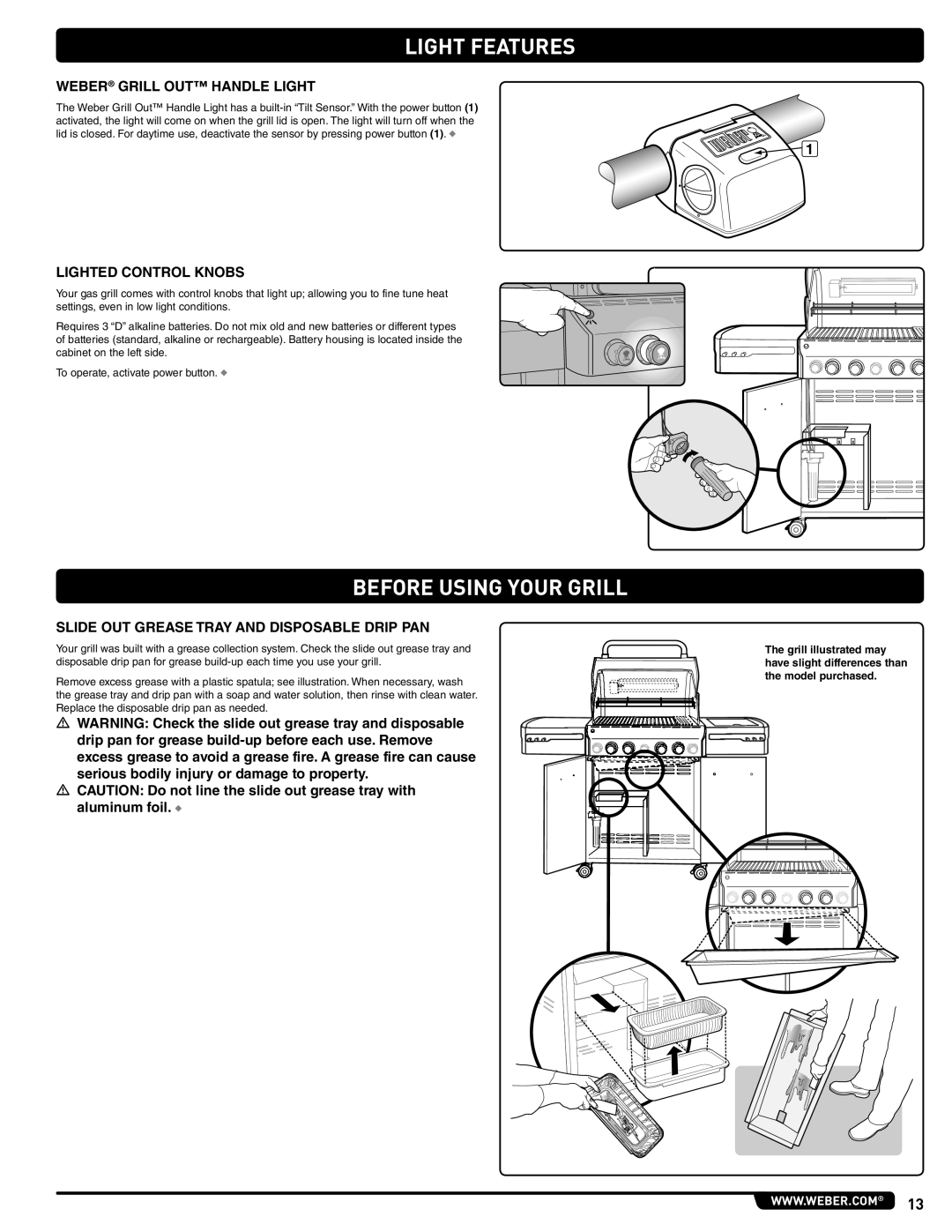 Weber E 470, 56209 manual Light Features, Before Using Your Grill, Weber Grill OUT Handle Light, Lighted Control Knobs 