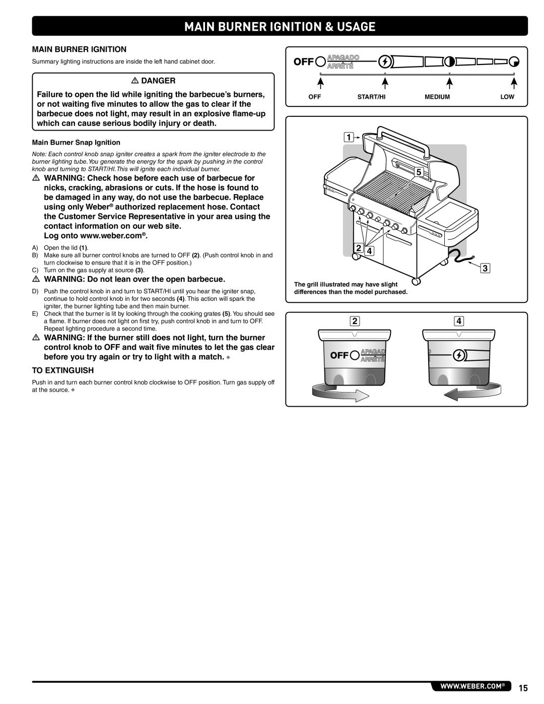 Weber E 470, 56209 manual Main Burner Ignition & Usage, To Extinguish, Main Burner Snap Ignition, OFF START/HI Medium 