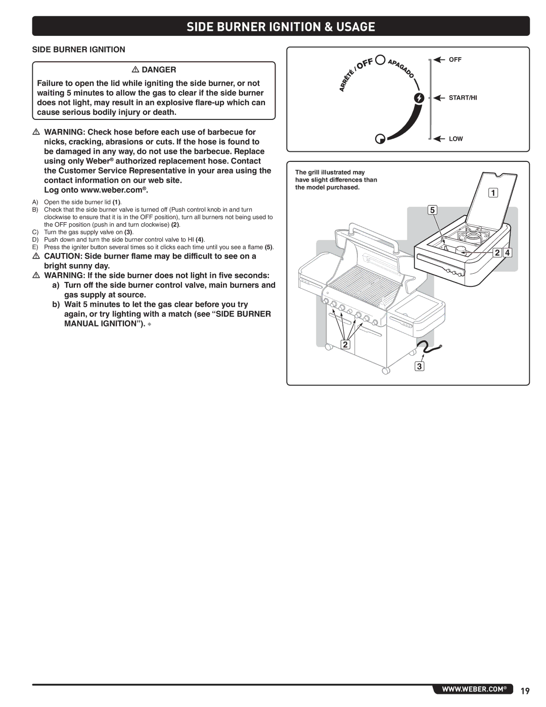Weber E 470, 56209 manual Side Burner Ignition & Usage, Off Start/Hi Low 