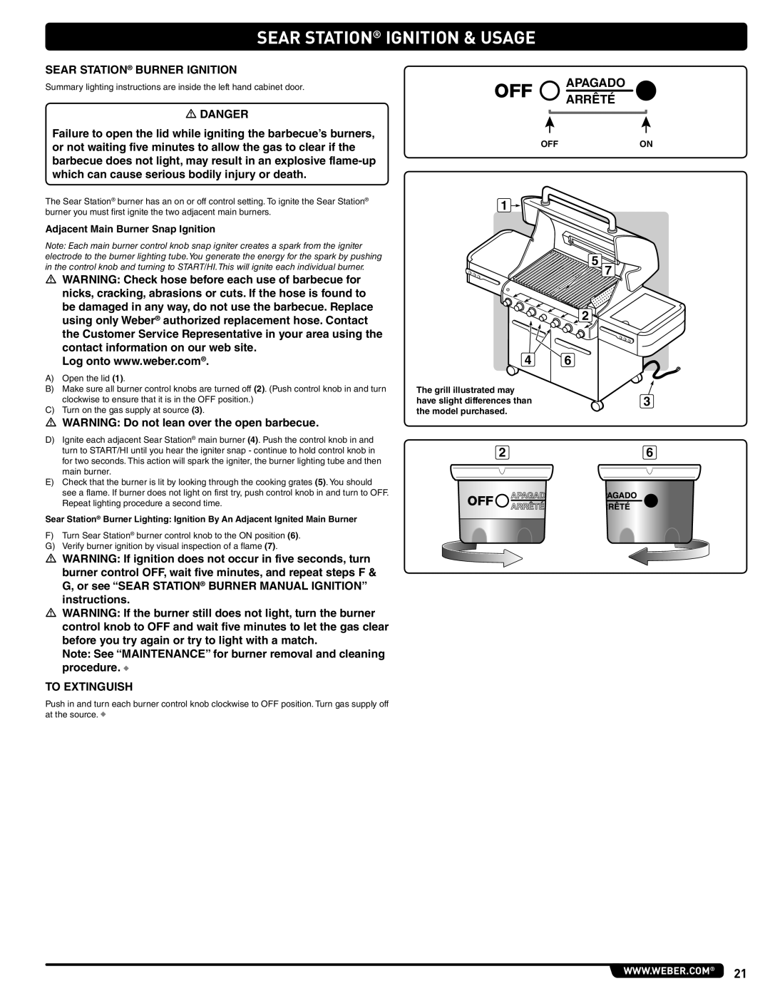 Weber E 470, 56209 Sear Station Ignition & Usage, Sear Station Burner Ignition, Adjacent Main Burner Snap Ignition, Offon 