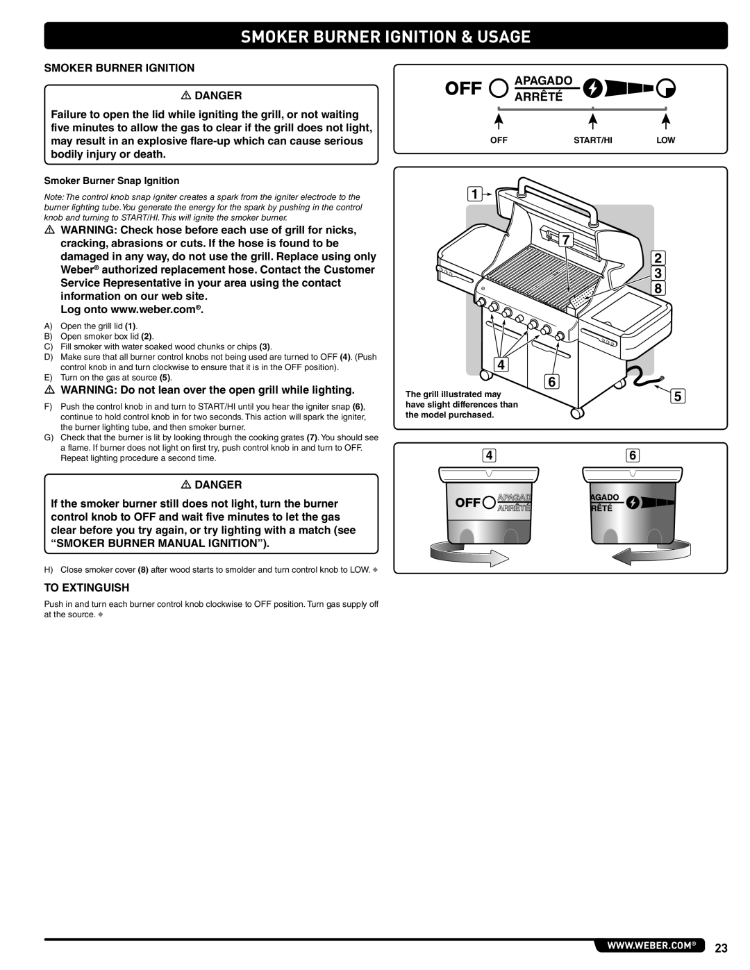 Weber E 470 manual Smoker Burner Ignition & Usage, Smoker Burner Manual Ignition, Smoker Burner Snap Ignition, Off Start/Hi 