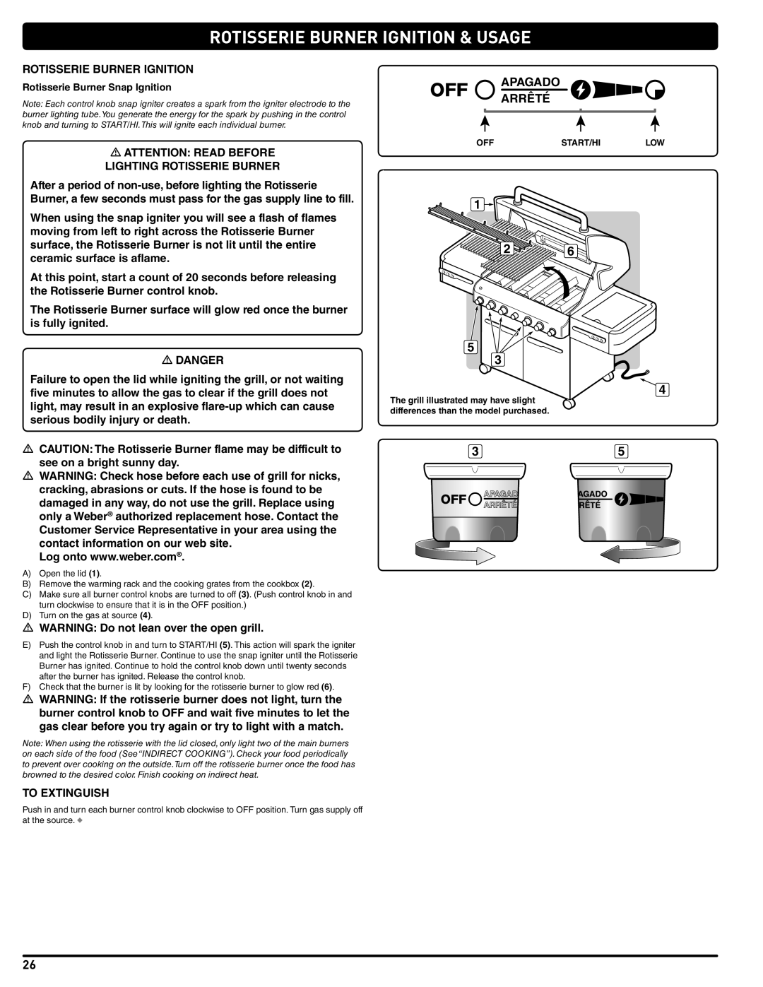 Weber 56209, E 470 manual Rotisserie Burner Ignition & Usage 