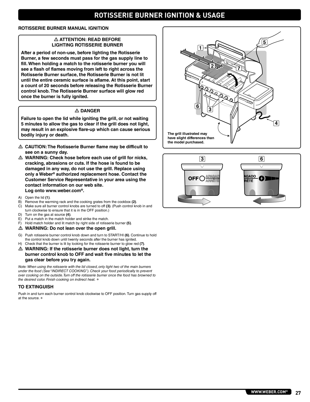 Weber E 470, 56209 manual Rotisserie Burner Manual Ignition 