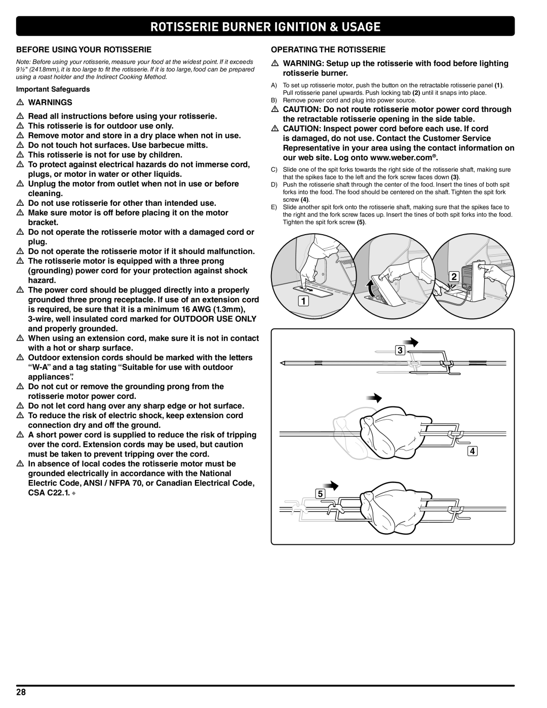 Weber 56209, E 470 manual Before Using Your Rotisserie, Operating the Rotisserie, Important Safeguards 