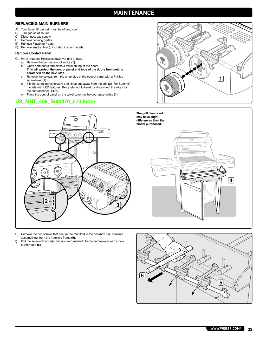 Weber E 470, 56209 manual USMNT409Sum470670.incx+, Replacing Main Burners 