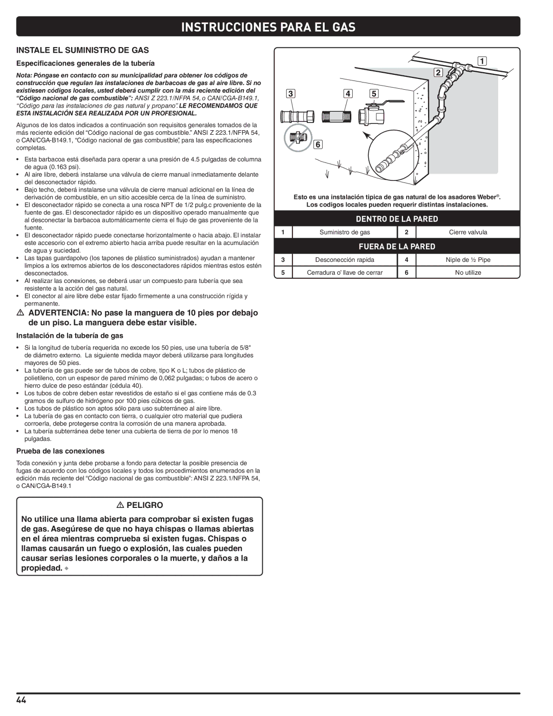 Weber 56209, E 470 manual Instrucciones Para EL GAS, Instale EL Suministro DE GAS, Especificaciones generales de la tubería 