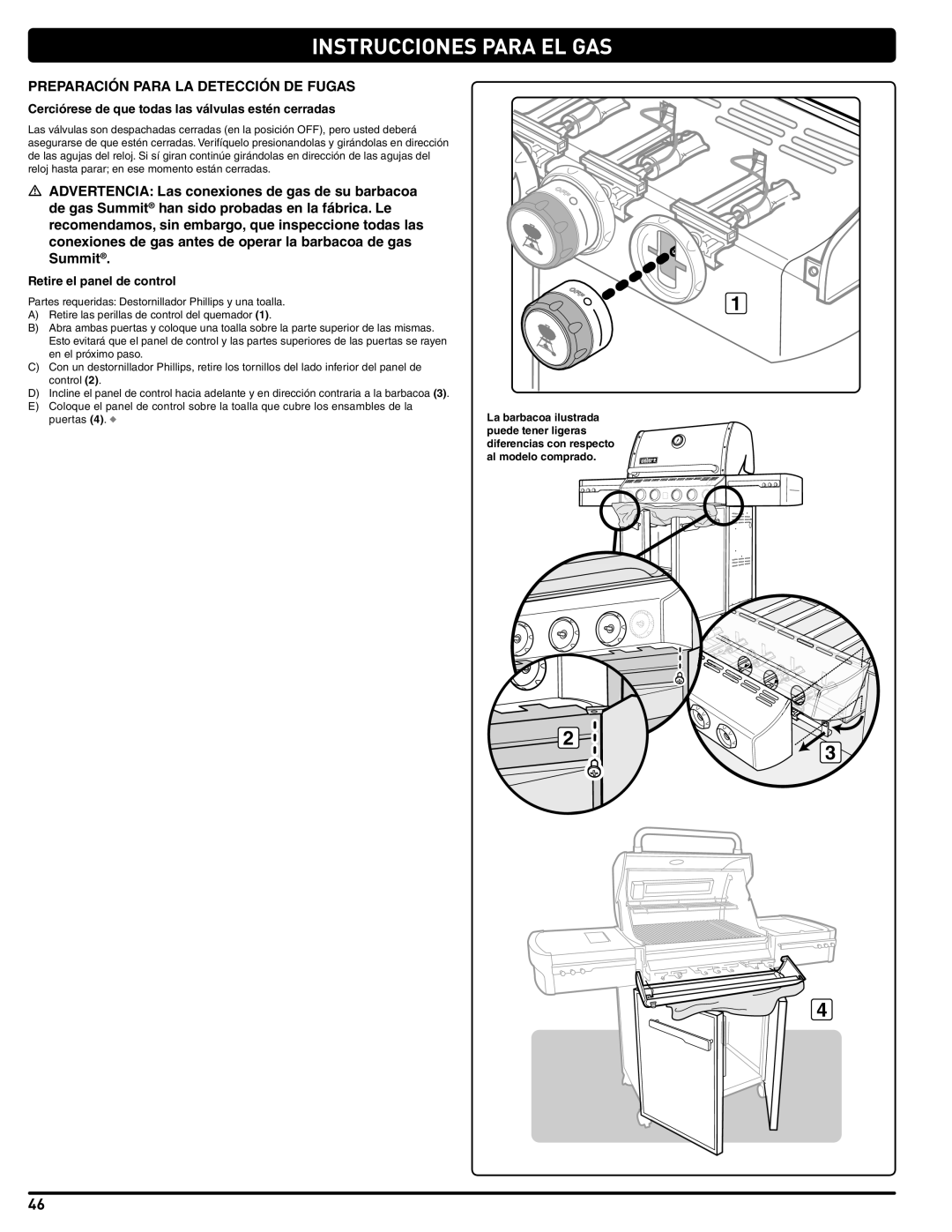 Weber 56209, E 470 manual Preparación Para LA Detección DE Fugas, Cerciórese de que todas las válvulas estén cerradas 