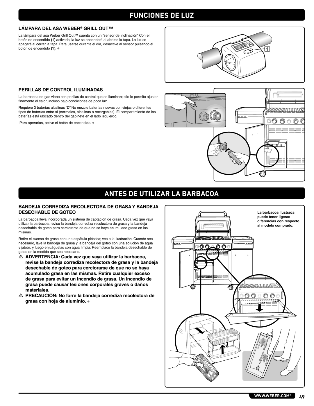 Weber E 470, 56209 manual Funciones DE LUZ, Antes DE Utilizar LA Barbacoa, Lámpara DEL ASA Weber Grill OUT 