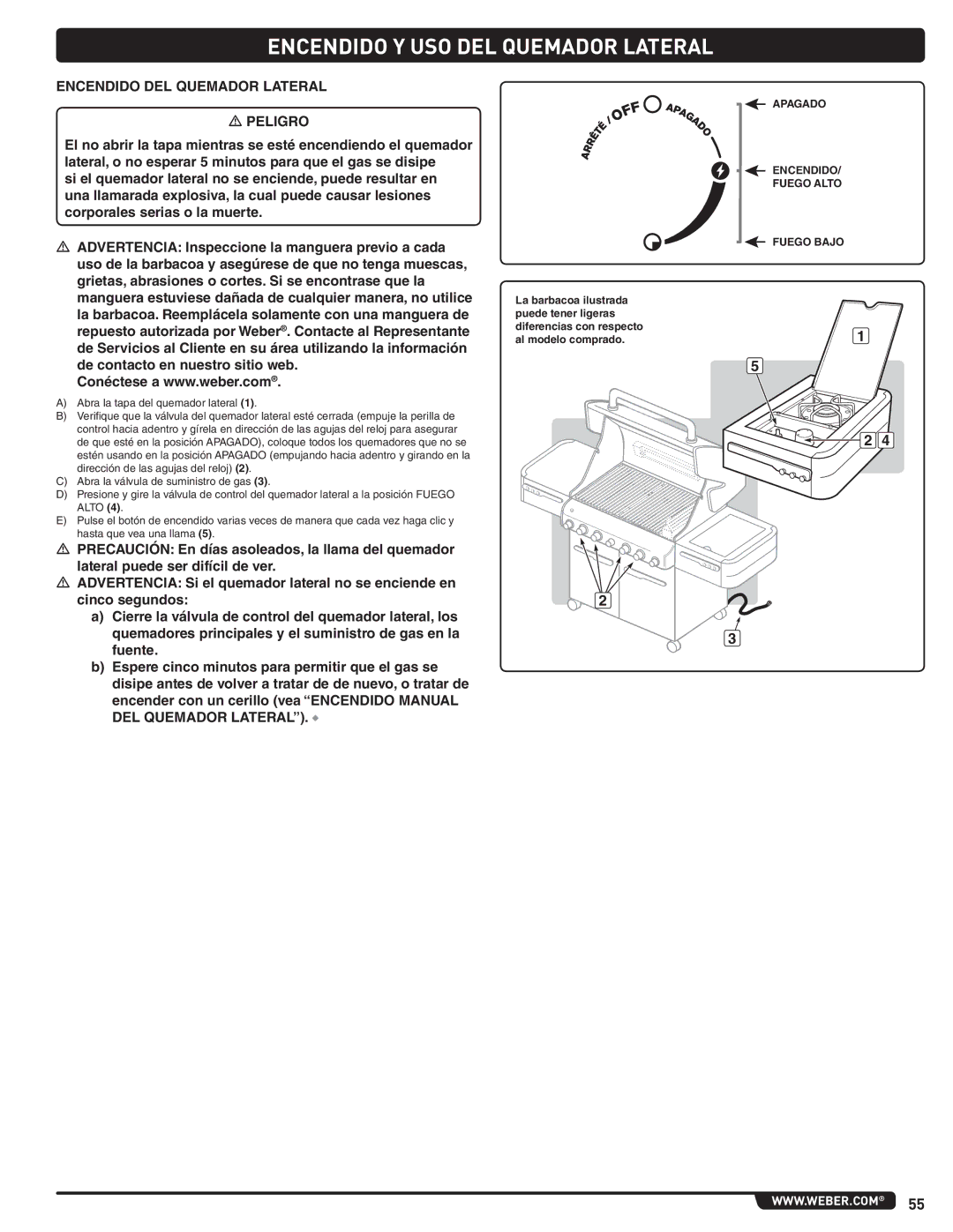 Weber E 470 Encendido Y USO DEL Quemador Lateral, Encendido DEL Quemador Lateral, Apagado Encendido Fuego Alto Fuego Bajo 