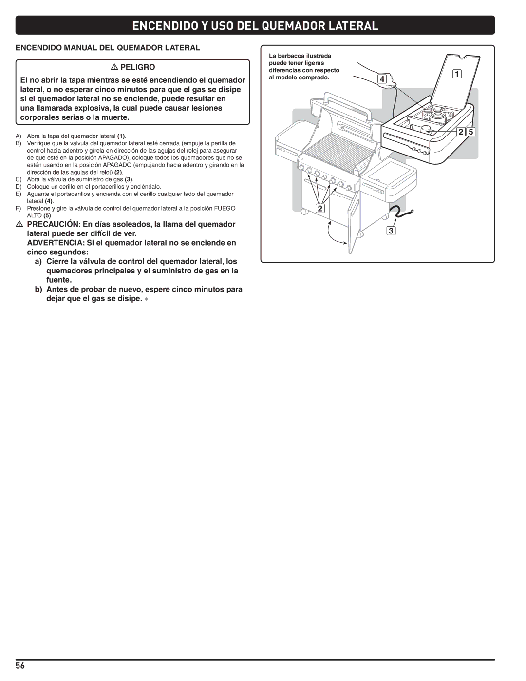 Weber 56209, E 470 manual Encendido Manual DEL Quemador Lateral 