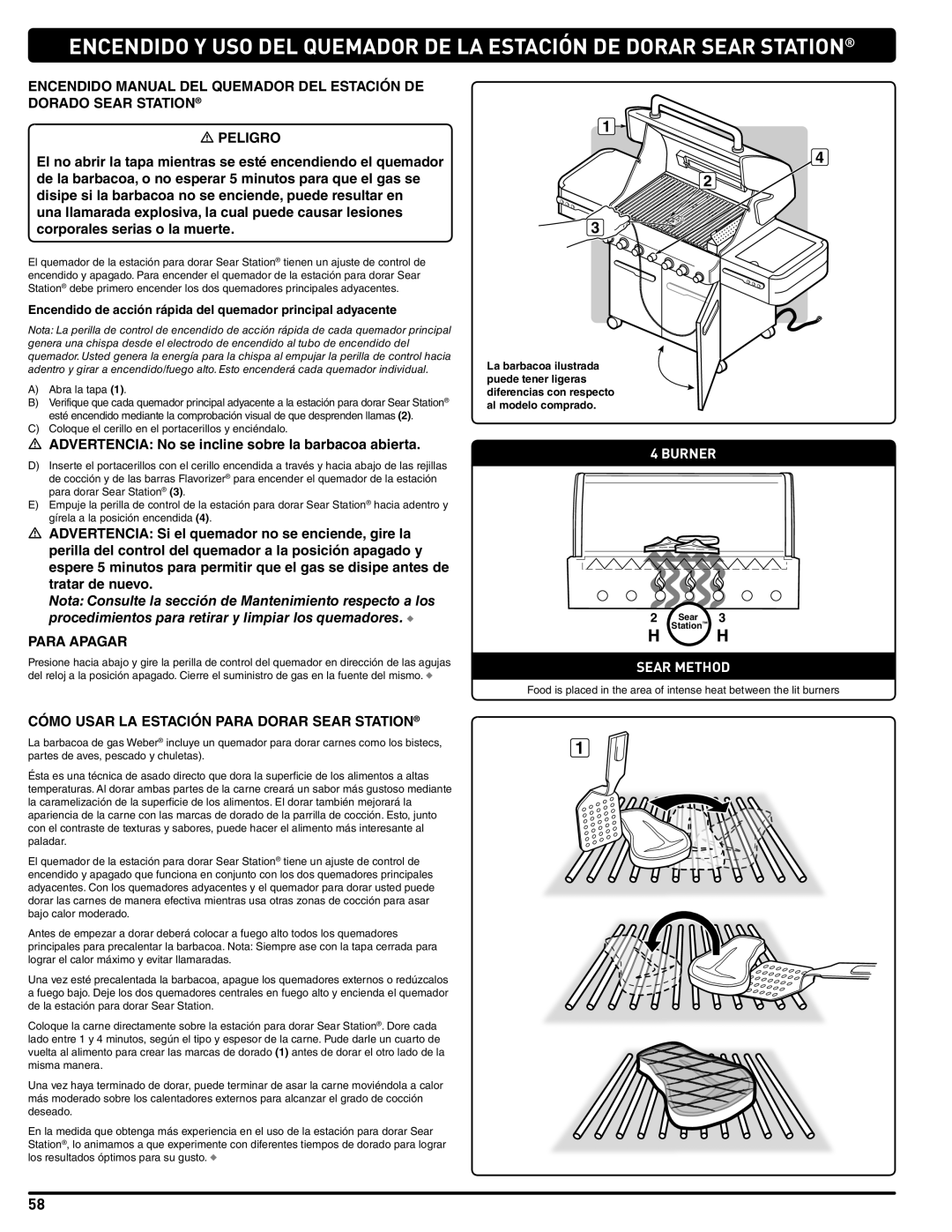 Weber 56209, E 470  Advertencia No se incline sobre la barbacoa abierta, Cómo Usar LA Estación Para Dorar Sear Station 