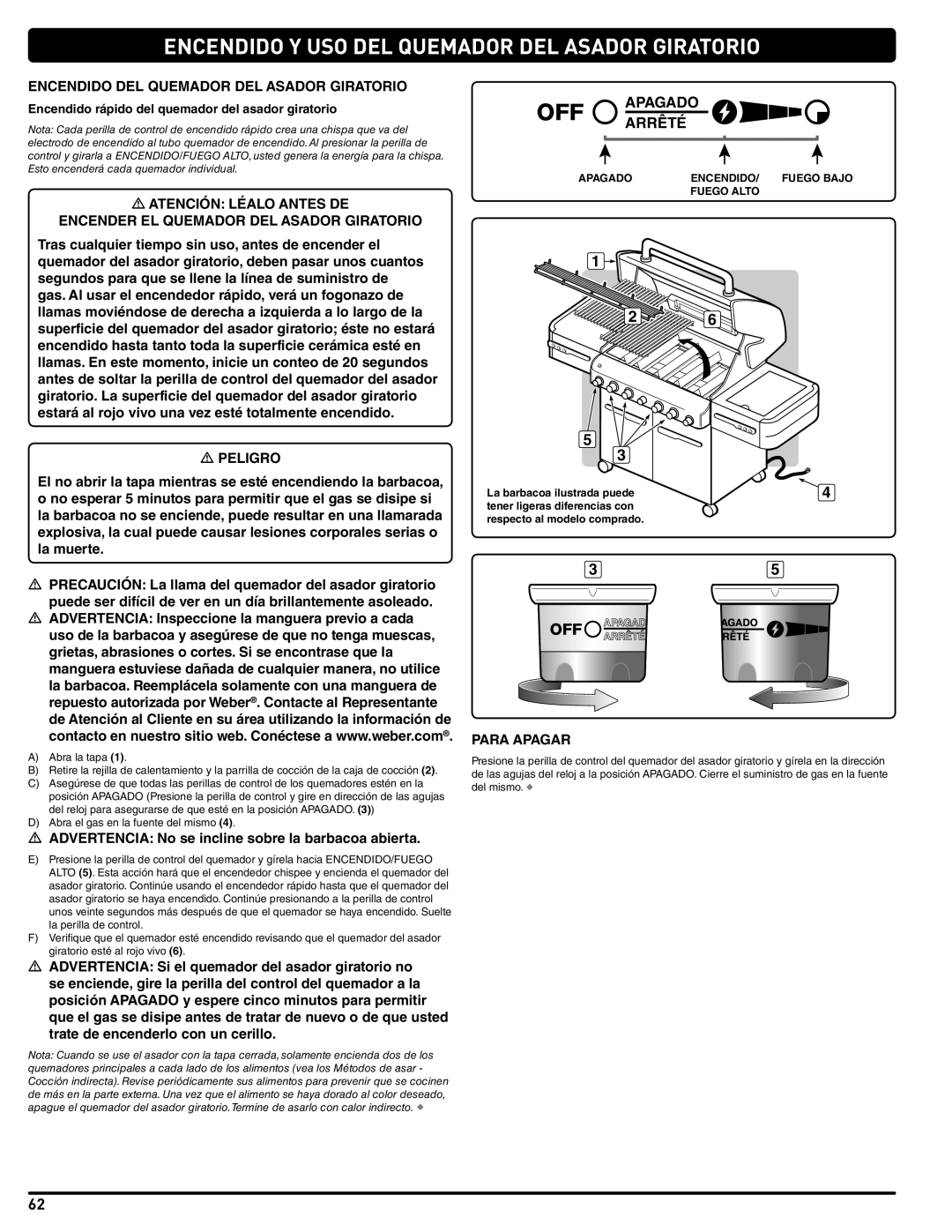 Weber 56209, E 470 manual Encendido Y USO DEL Quemador DEL Asador Giratorio, Encendido DEL Quemador DEL Asador Giratorio 