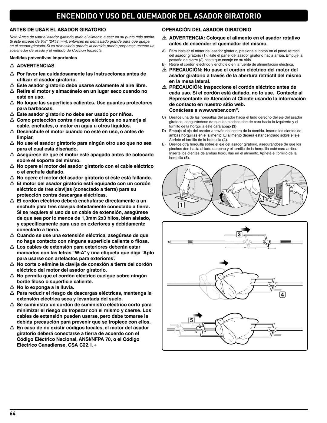 Weber 56209, E 470 manual Antes DE Usar EL Asador Giratorio, Operación DEL Asador Giratorio, Medidas preventivas importantes 