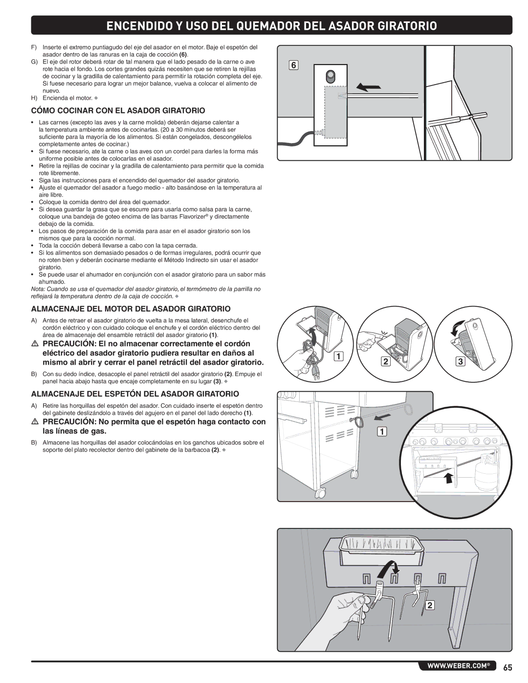 Weber E 470, 56209 manual Cómo Cocinar CON EL Asador Giratorio, Almacenaje DEL Motor DEL Asador Giratorio 