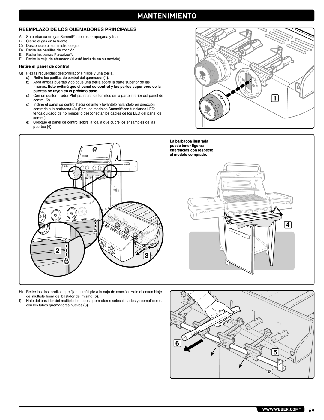 Weber E 470, 56209 manual Reemplazo DE LOS Quemadores Principales, Retire el panel de control 