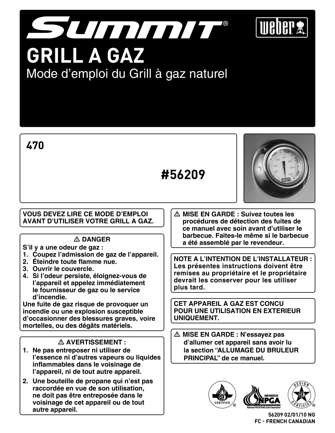 Weber E 470, 56209 manual Grill a GAZ 