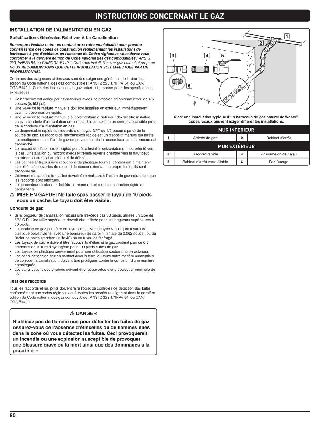 Weber 56209 Instructions Concernant LE GAZ, Installation DE L’ALIMENTATION EN GAZ, Conduite de gaz, Test des raccords 