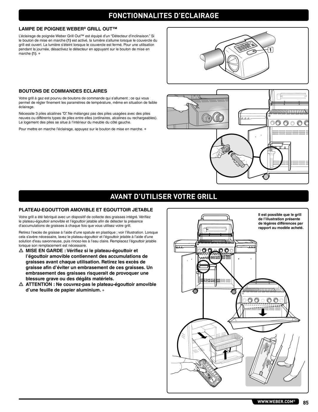 Weber E 470, 56209 manual Fonctionnalites D’ECLAIRAGE, Avant D’UTILISER Votre Grill, Lampe DE Poignee Weber Grill OUT 