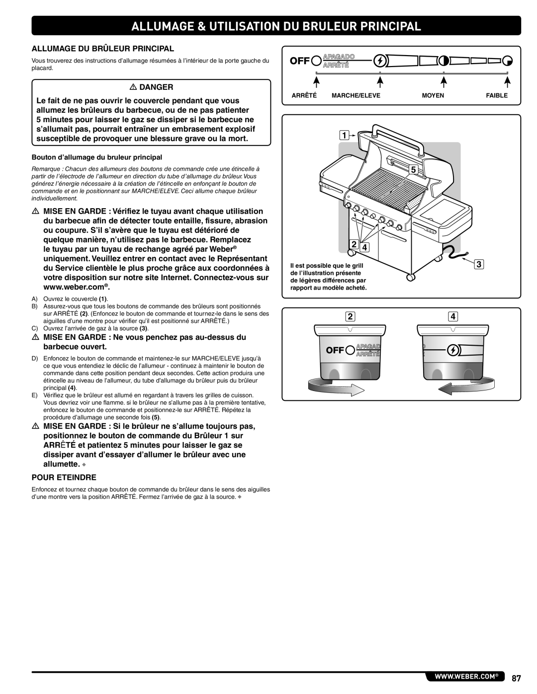 Weber E 470, 56209 manual Allumage & Utilisation DU Bruleur Principal, Allumage DU Brûleur Principal, Pour Eteindre 