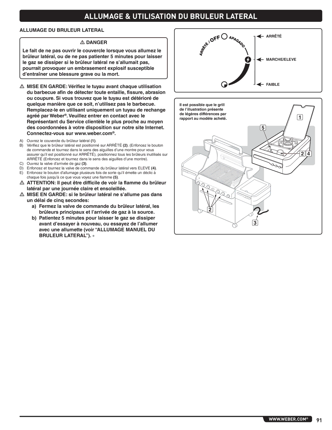 Weber E 470, 56209 manual Allumage & Utilisation DU Bruleur Lateral, Allumage DU Bruleur Lateral, Arrêté MARCHE/ELEVE 