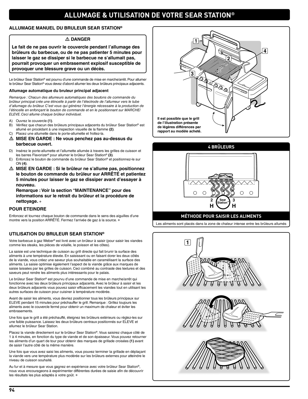 Weber 56209, E 470 manual Allumage Manuel DU Bruleur Sear Station, Utilisation DU Bruleur Sear Station 