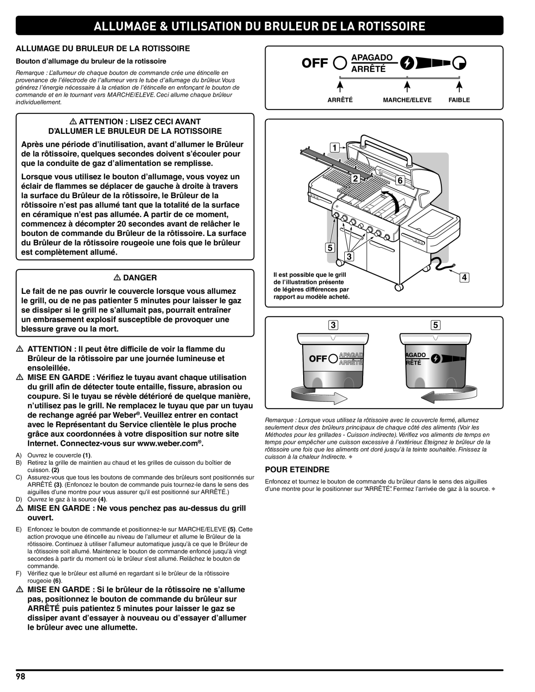 Weber 56209, E 470 manual Allumage & Utilisation DU Bruleur DE LA Rotissoire, Allumage DU Bruleur DE LA Rotissoire 