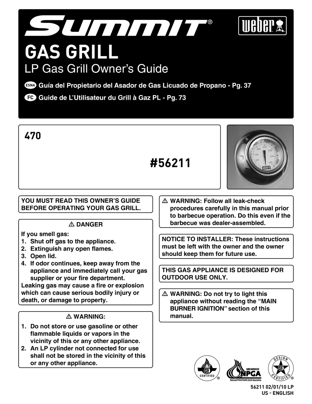 Weber E/S 470 LP, 56211 manual GAS Grill 