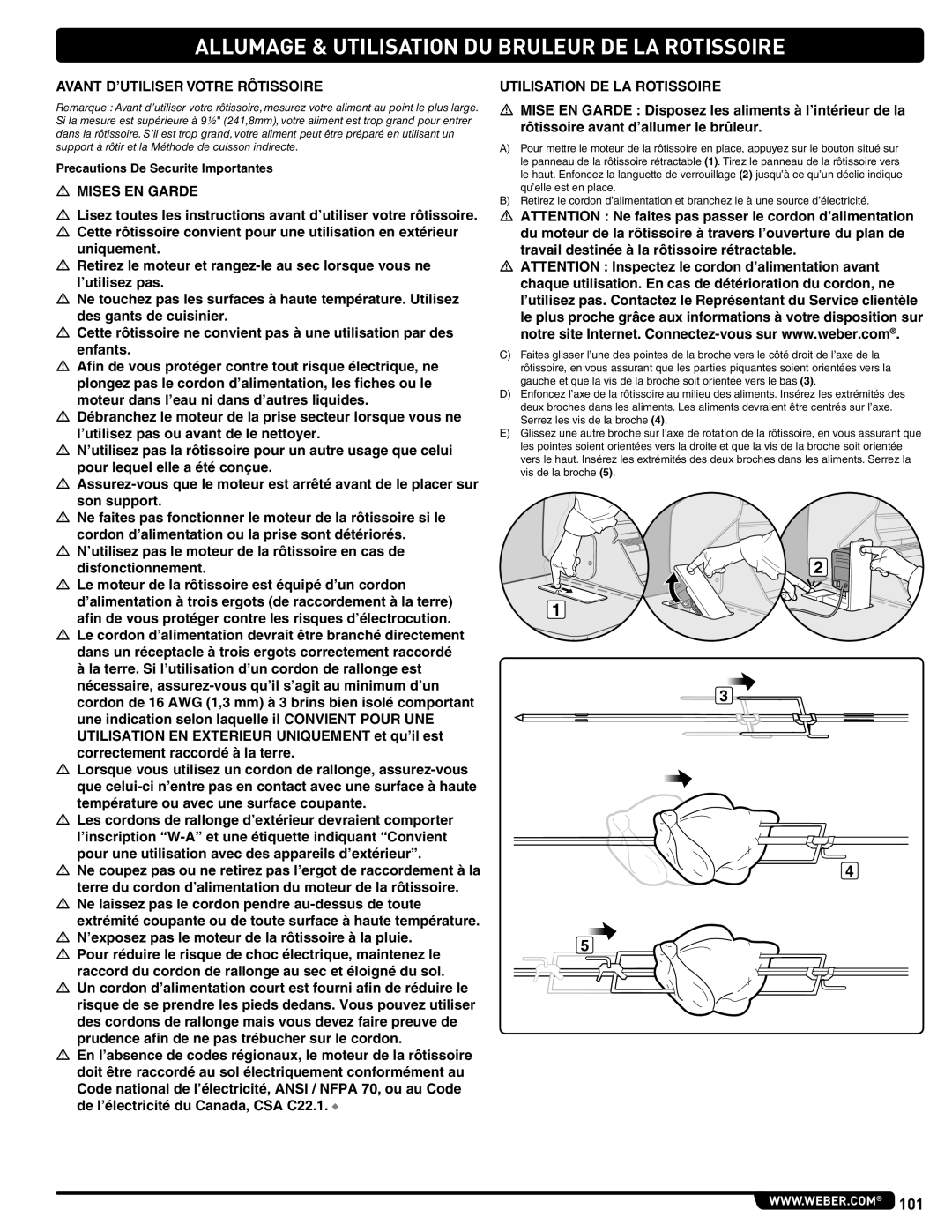 Weber E/S 470 LP Avant D’UTILISER Votre Rôtissoire, Utilisation DE LA Rotissoire, Precautions De Securite Importantes 