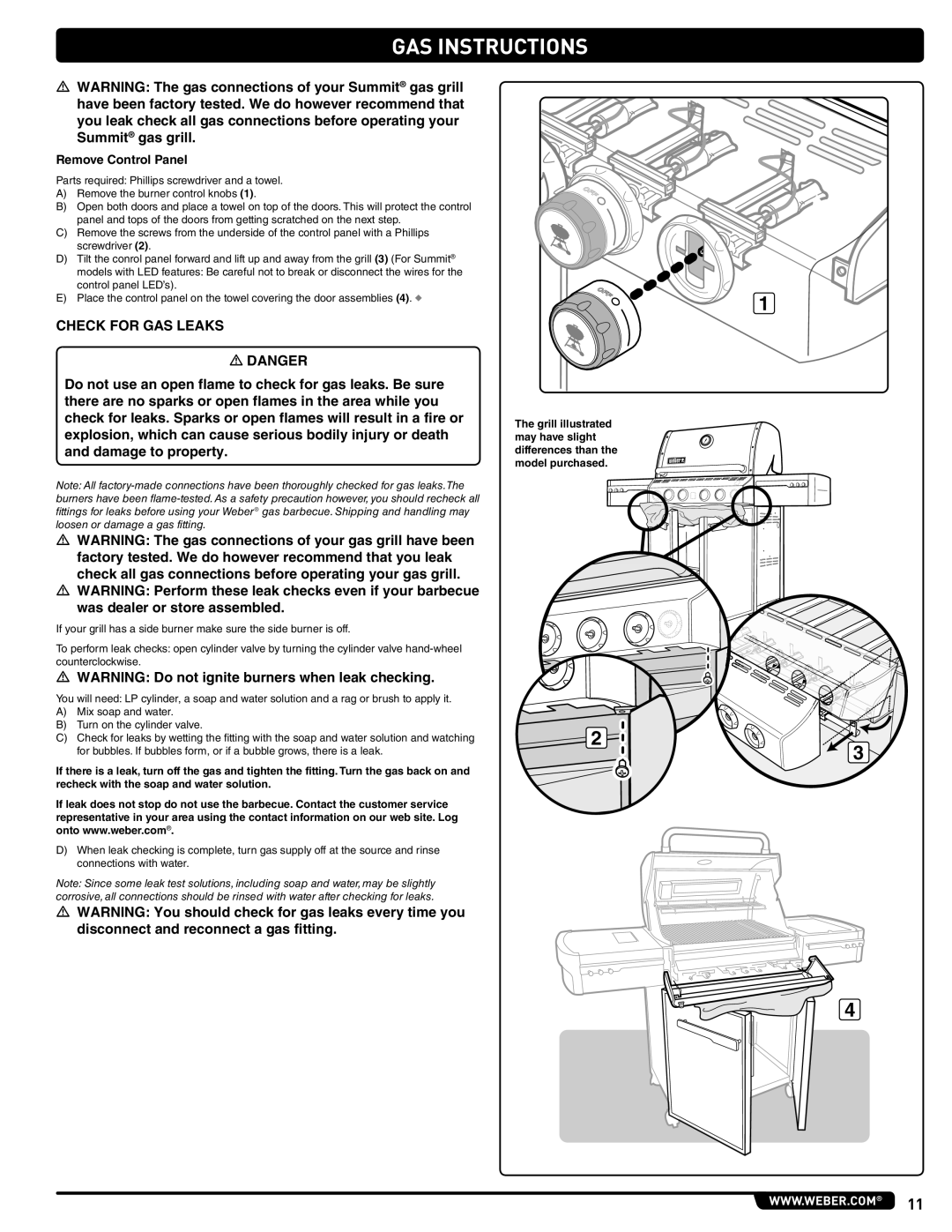 Weber E/S 470 LP, 56211 manual Check for GAS Leaks, Remove Control Panel 