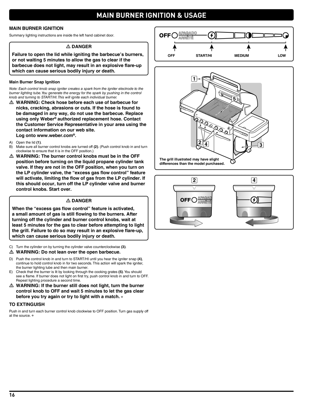 Weber 56211, E/S 470 LP manual Main Burner Ignition & Usage, To Extinguish, Main Burner Snap Ignition, OFF START/HI Medium 