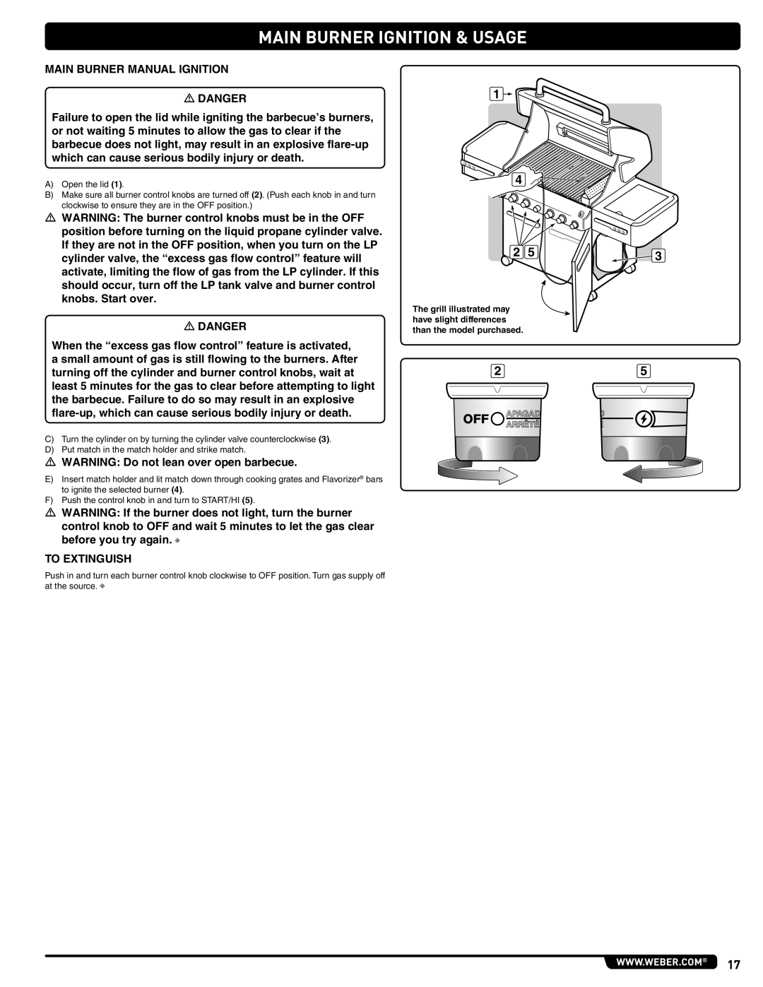 Weber E/S 470 LP, 56211 manual Main Burner Manual Ignition 