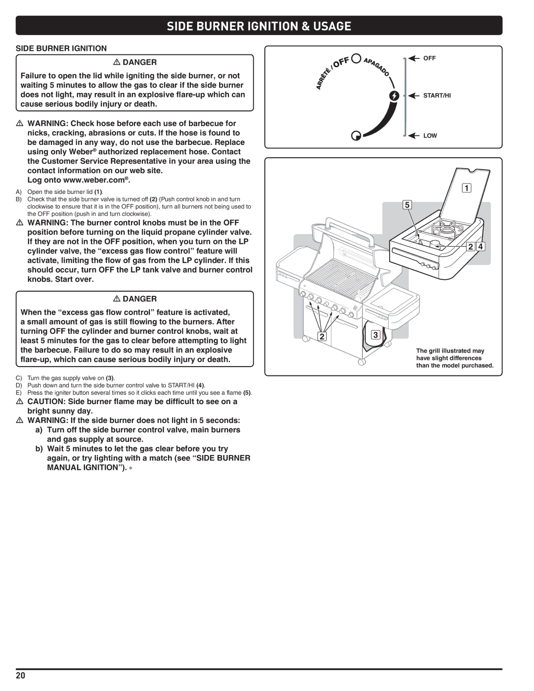 Weber 56211, E/S 470 LP manual Side Burner Ignition & Usage, Off Start/Hi Low 