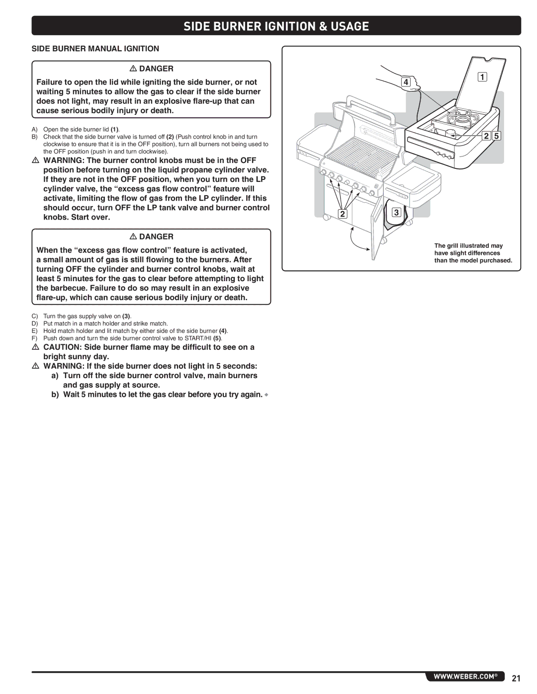 Weber E/S 470 LP, 56211 manual Side Burner Manual Ignition 