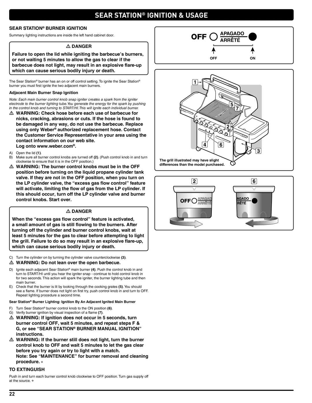 Weber 56211, E/S 470 LP Sear Station Ignition & Usage, Sear Station Burner Ignition, Adjacent Main Burner Snap Ignition 