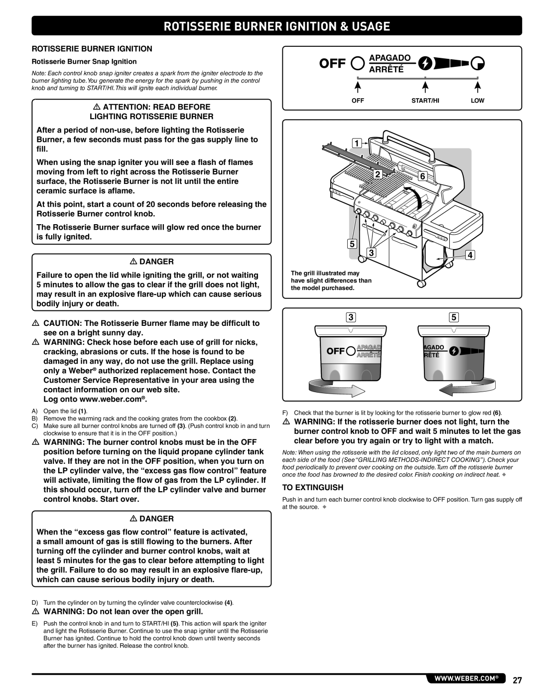 Weber E/S 470 LP, 56211 manual Rotisserie Burner Ignition & Usage, Rotisserie Burner Snap Ignition 