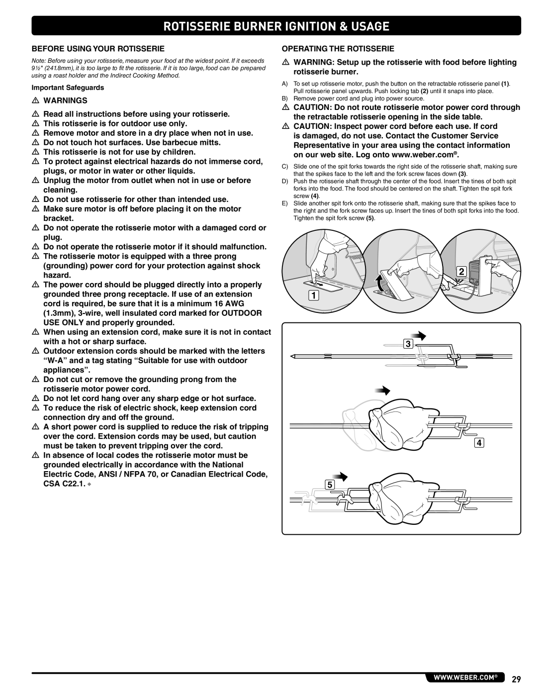 Weber E/S 470 LP, 56211 manual Before Using Your Rotisserie, Operating the Rotisserie, Important Safeguards 