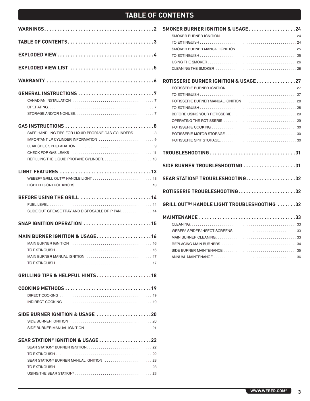 Weber E/S 470 LP, 56211 manual Table of Contents 