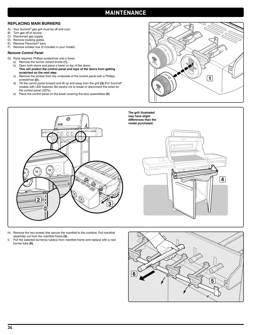 Weber 56211, E/S 470 LP manual Replacing Main Burners, Remove Control Panel 