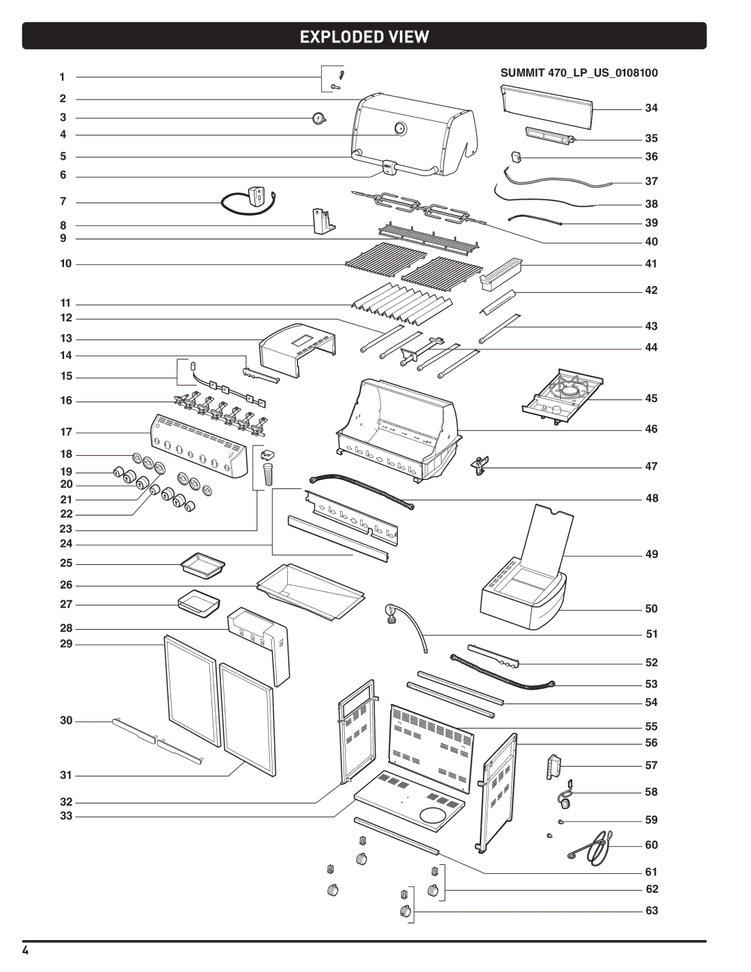 Weber 56211, E/S 470 LP manual Exploded View, Summit 470LPUS0108100 