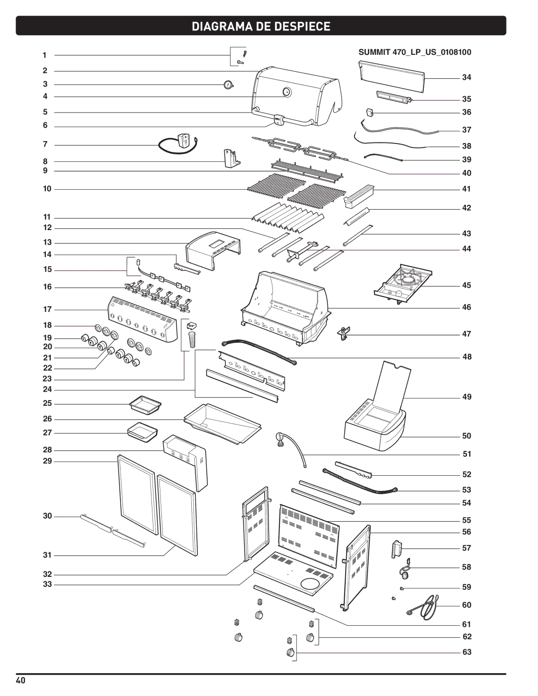 Weber 56211, E/S 470 LP manual Diagrama DE Despiece, Summit 470LPUS0108100 