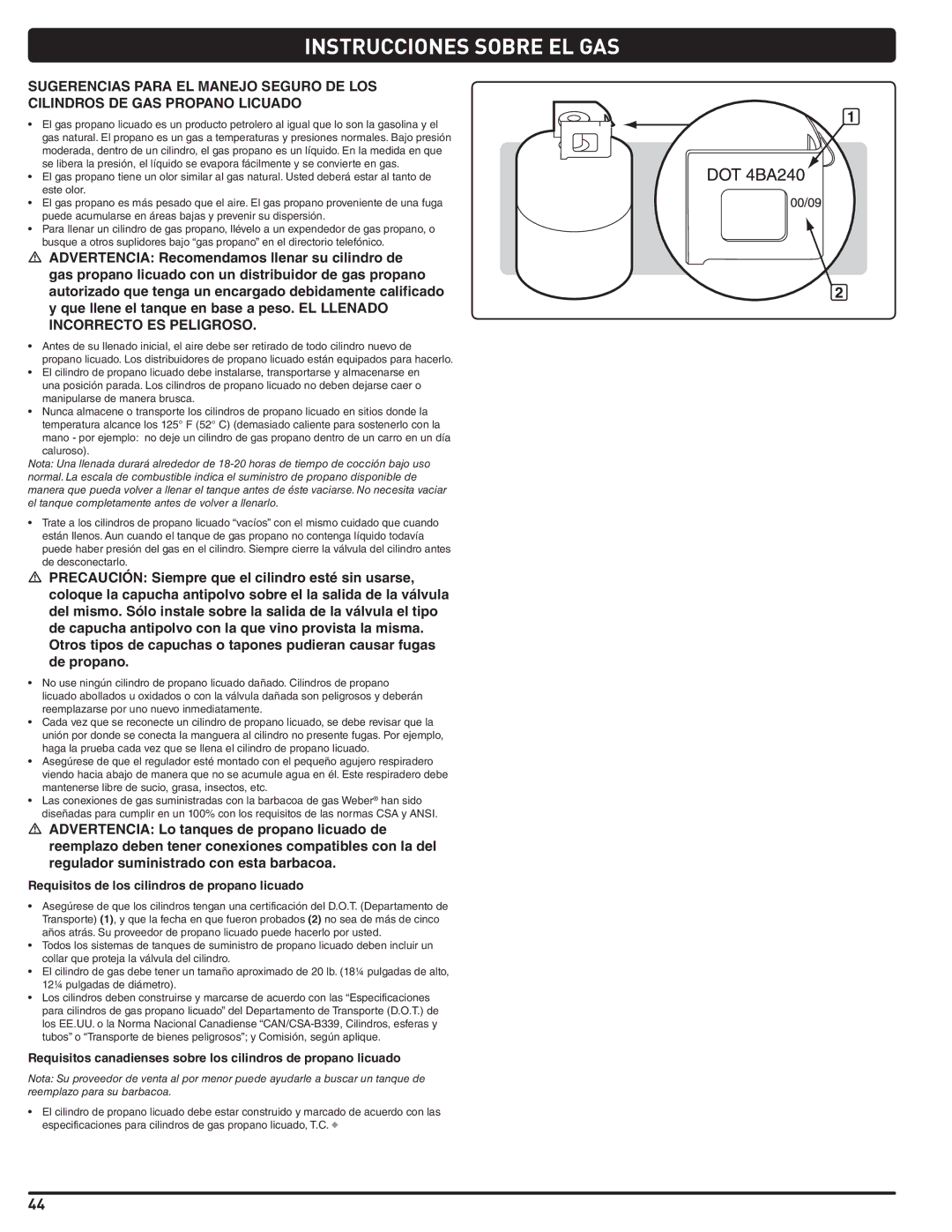 Weber 56211, E/S 470 LP manual Instrucciones Sobre EL GAS, Requisitos de los cilindros de propano licuado 