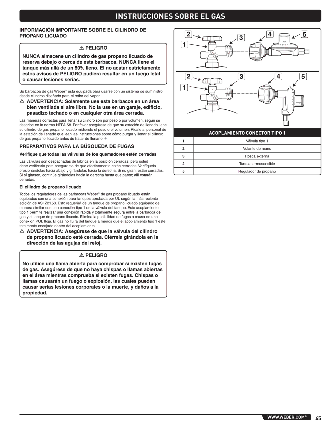 Weber E/S 470 LP manual Información Importante Sobre EL Cilindro DE Propano Licuado, Preparativos Para LA Búsqueda DE Fugas 