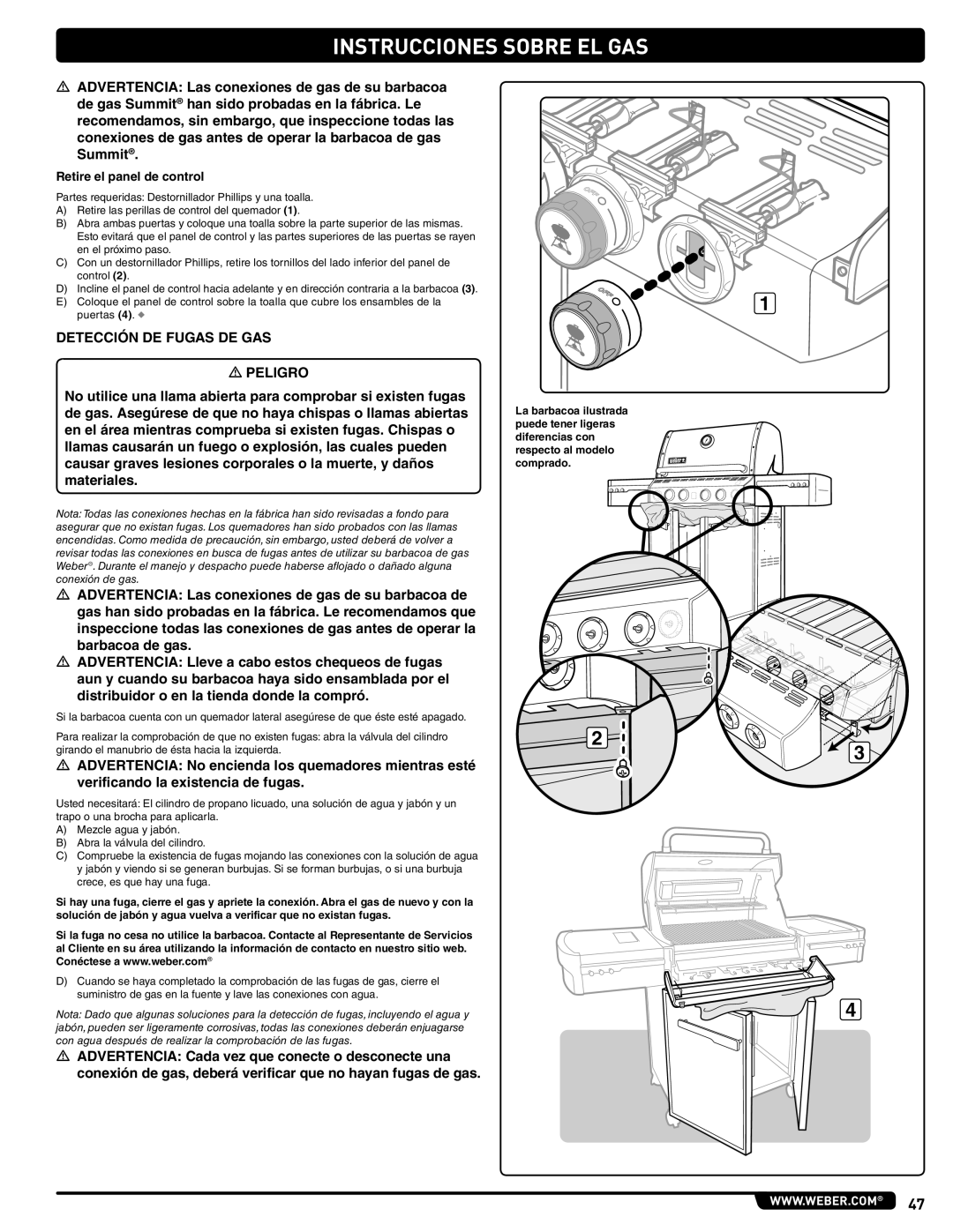 Weber E/S 470 LP, 56211 manual Detección DE Fugas DE GAS, Retire el panel de control 