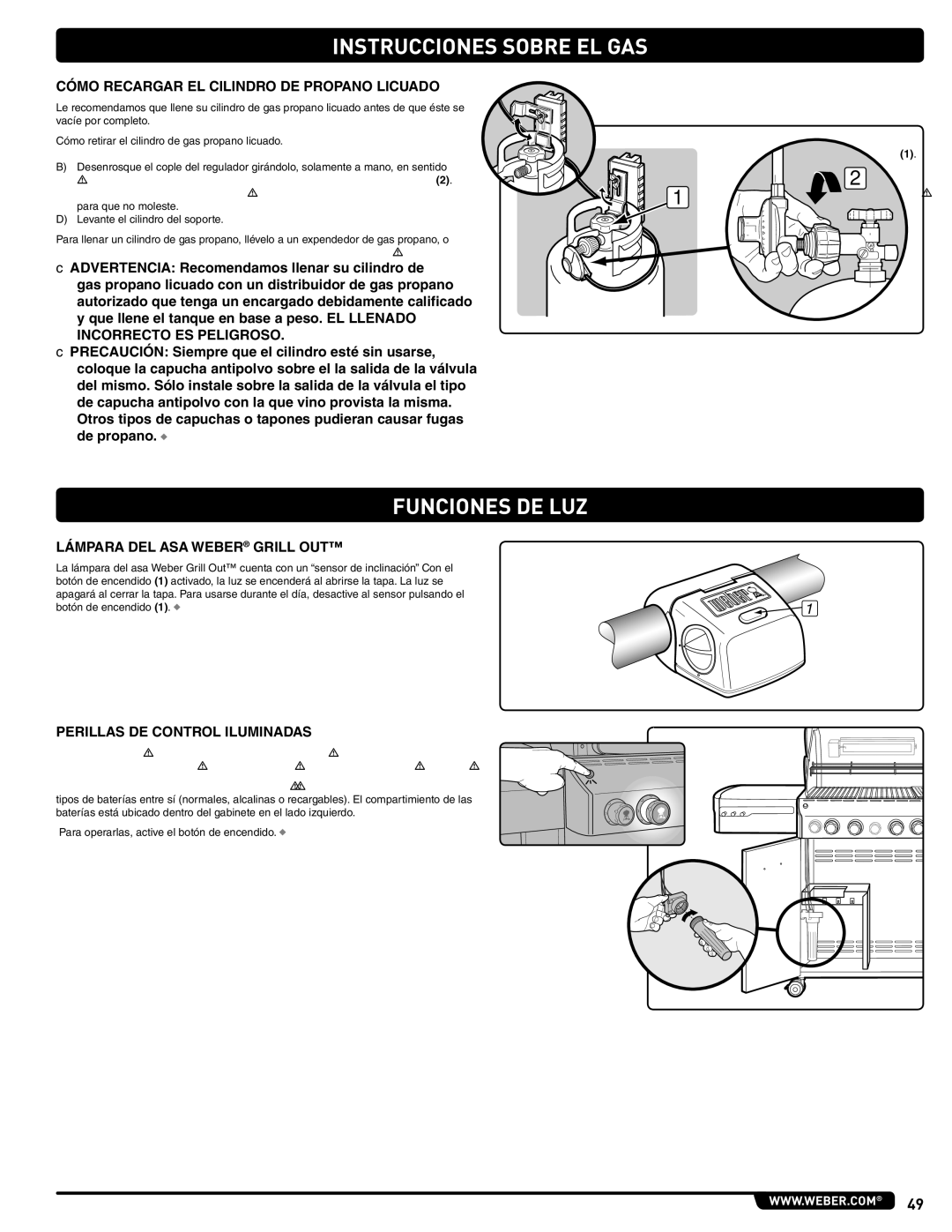 Weber E/S 470 LP, 56211 Funciones DE LUZ, Cómo Recargar EL Cilindro DE Propano Licuado, Lámpara DEL ASA Weber Grill OUT 