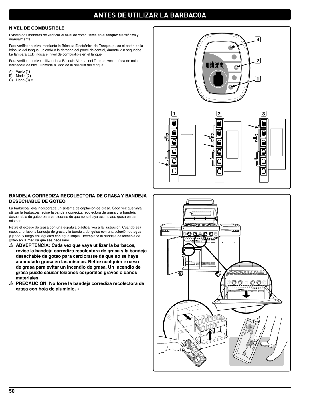 Weber 56211, E/S 470 LP manual Antes DE Utilizar LA Barbacoa, Nivel DE Combustible 