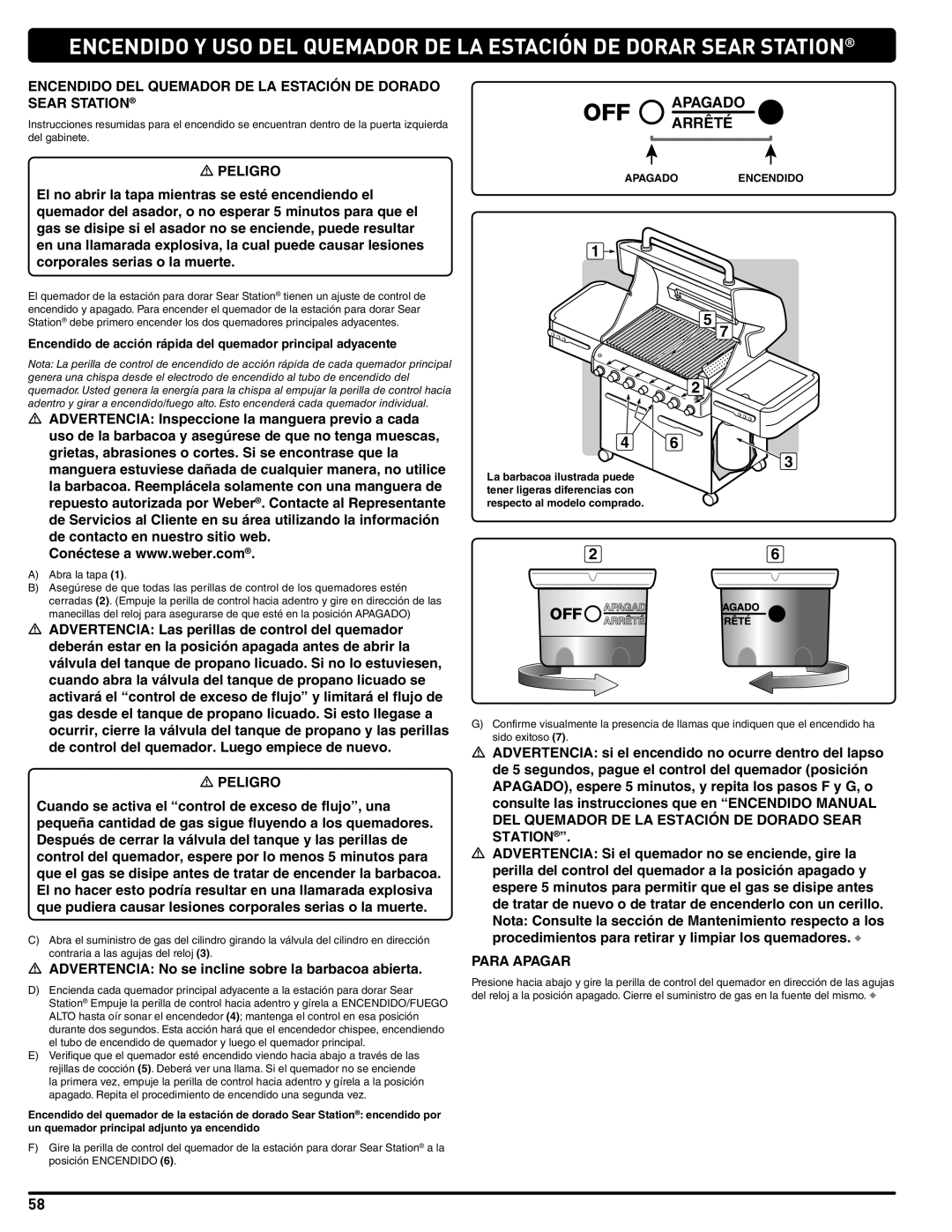 Weber 56211, E/S 470 LP manual Encendido de acción rápida del quemador principal adyacente, Apagado 